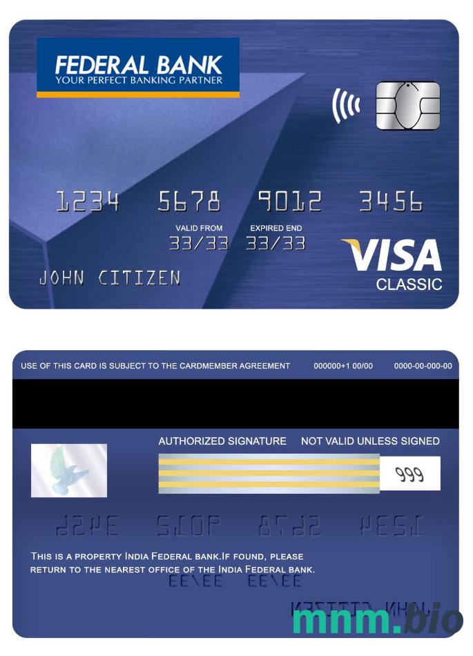 India Federal bank visa klasyczny karta przykład w formacie PSD